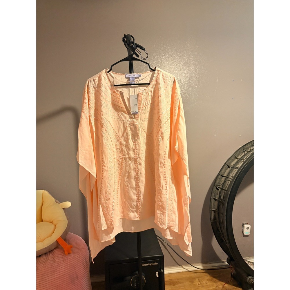 Premise Peach Blouse with Geometric Embroidery, Wing Sleeves Sz 1X